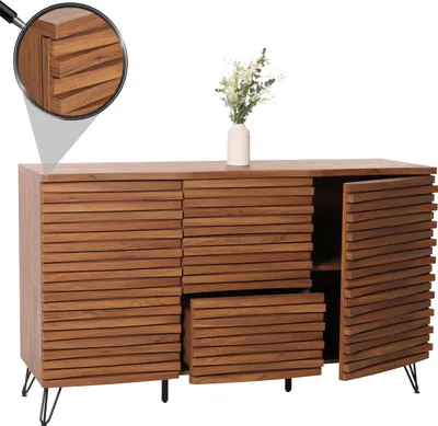 Produktbild von Kredens HWC-M49, komoda z szufladami, wysoka komoda, przegródki do przechowywania z wzorem 3D, MDF metal 85x142x44cm ~ orzechowy wygląd