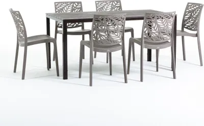 Immagine prodotto di Set da pranzo per esterni con tavolo rettangolare 156x78 cm e 6 sedie impilabili in resina rinforzata con fibra di vetro - design moderno in look legno, ideale per giardino, terrazza e aree esterne coperte - THOMAS+DAFNE - Tortora/Mocha