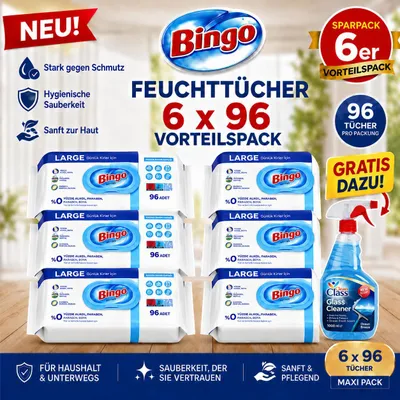 Produktbild von Bingo Weißseife 6x96 Blatt Reinigungstücher + Glasreiniger GRATIS