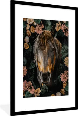 Produktbild von MuchoWow® MuchoWow® Gerahmtes Poster Pferd - Blumen - Blätter 60x90 cm - Poster mit zchwarzem Bilderrahmen - Dekoration - Wandposter Wohnzimmer - Hochwertig