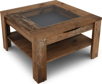 A square coffee table with a glass top and a lower shelf, made of wood with an aged look.