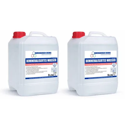 Produktbild von Ravensberger Chemie VE-Wasser – demineralisiert & entionisiert, kalkfrei für Auto, Batterie, Haushalt, Dampfbügeleisen und Labor. - 2 x 5 Liter