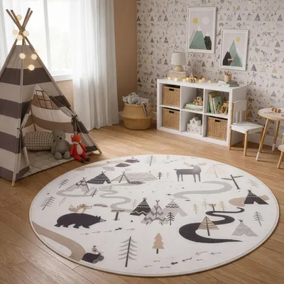 Obrázok produktu pre Carpetsale24 Detský koberec Lesné zvieratá Hrací koberec s priemerom 160 cm do detskej izby v krémovej farbe s prírodným motívom, ideálny ako podložka na hranie