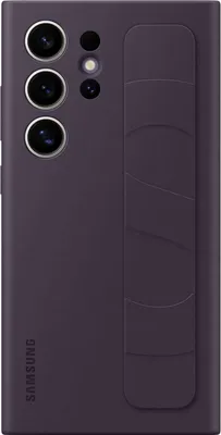 A dark purple Samsung phone case with a standing grip is shown from the back.