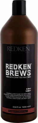 A product shot of a large bottle of Redken Brews 3-In-1 Shampoo Conditioner and Bodywash.