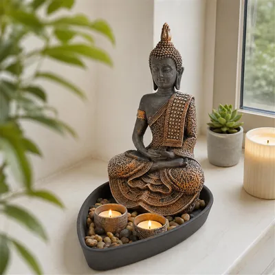 Produktbild von INtrenDU Buddha Figur Deko-Set mit Schale, Teelichthaltern und Steinen 30 cm