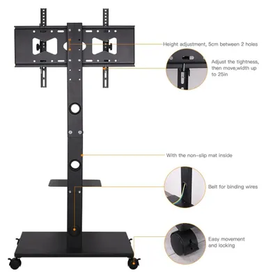 Produktbild von Mobiler TV-Ständer mit Rollen - Bodenständer für 81–178 cm Bildschirme - Fest montiert - VESA 600 x 400 - Bis 40 kg - Flaches Profil - Schwarz
