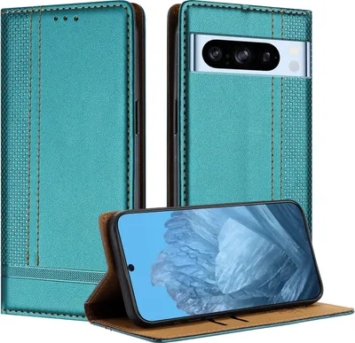 A teal flip case for a Google Pixel 8 Pro is shown with the phone inside and the case open to reveal the screen.