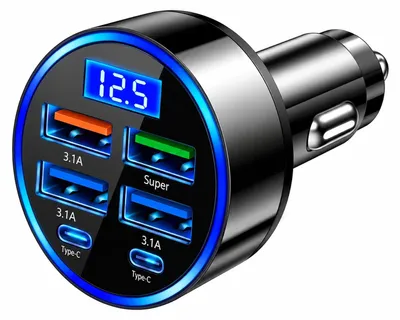 USB-Autolader 66 W, 6 Ports, 2x USB-C + 4x USB-A, LED-Display