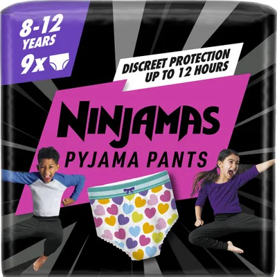 Obrázek produktu pro NINJAMAS Kalhotky plenkové Pyjama Pants Srdíčka, 9 ks, 8 let, 27kg-43kg