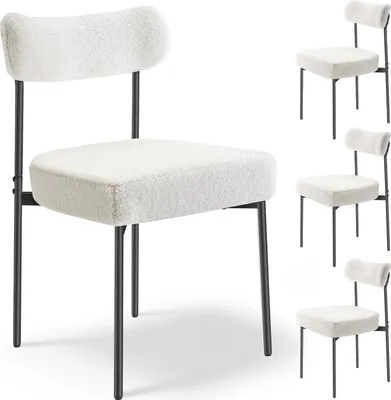 Image de SucceBuy Chaise de salle à manger moderne (lot de 4) Chaise rembourrée Sherpa (capacité de charge 136 kg) pour tables de salle à manger, chaise de cuisine compacte avec dossier ergonomique & pieds métalliques noirs robustes, blanc cafétéria