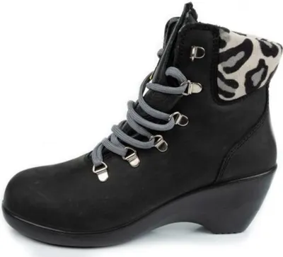 A single black boot with grey laces and a leopard print collar is shown against a white background.