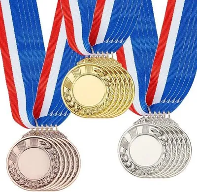 Produktbild von Ehrungsbänder - Auszeichnungstreifen - Siegespreise - Sportwettbewerbspreise - Ehrenauszeichnungen - Die Sieger um den Hals - 55 cm Länge - Goldvergolderungen - Silberne Medaillen - Bronzemedaille