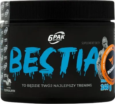 A black container of a pre-workout supplement with blue lettering and an image of a muscular man.