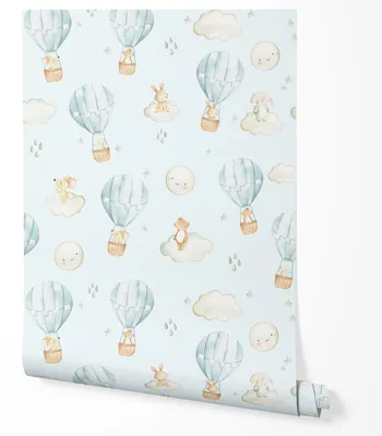 Produktbild von Vliestapete Heißluftballons Tiere Wolken Mond Muster Blau Pastell Niedlich Kinderzimmer Schlafzimmer Flur UV-beständige Tapete 5m x 0.5m