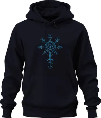 Obrázok produktu pre Vegvisir Viking Runic Compass Nordic Protection Symbol Valhalla Uni mikina s kapucňou, Navy, 3XL
