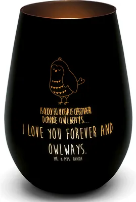 Produktbild von Mr. & Mrs. Panda Teelichthalter Eule Zufrieden - Schwarz - Geschenk, Liebe Spruch, Glas, Owl, Laterne, Kerzenhalter, Gartenlicht, Windlicht, Kerzenglas, Liebesspruch