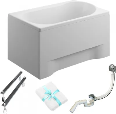 A white rectangular bathtub with its accessories laid out around it.