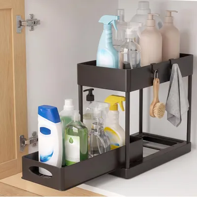 Produktbild von Küchen Organizer, 2 Etagen Unter Waschbecken Regal, ausziehbar spülschrank organizer küchenregal mit 4 Haken für Badezimmer Küche