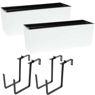 Obrázok produktu pre 2 kusy kvetináč balkón box zábradlie box kvetináč balkón hrniec \ držiak kov \ biely dláto 56 x15x19 cm kvetináč