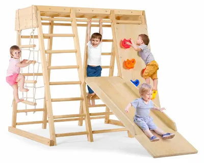 Image de GINGER HOME : Ensemble de jeux pour enfants en bois comprenant une balançoire, un toboggan, un escalier et un mur d'escalade, dimensions : 119,5 x 109,5 x 119,5 cm