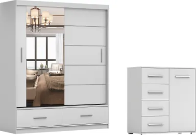 Image de lot de 2 armoires à portes coulissantes Armoire FLORENCE avec miroir 150 cm avec commode 90cm FRIDA MINI 01 blanc/blanc