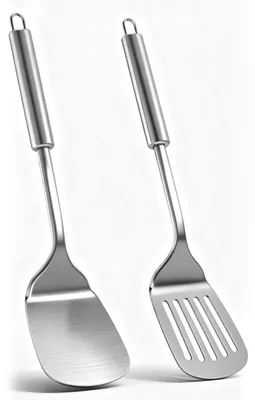 Image de Lot de 2 spatules en acier inoxydable, fendues, spatules de cuisine robustes, résistantes à la chaleur.