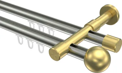 Produktbild von Interdeco Innenlaufstange / Gardinenstange mit Innenlauf Edelstahl-Optik / Messing-Optik, Typ Prestige Luino (Kugel), 20 mm Ø 2-läufig, 200 cm