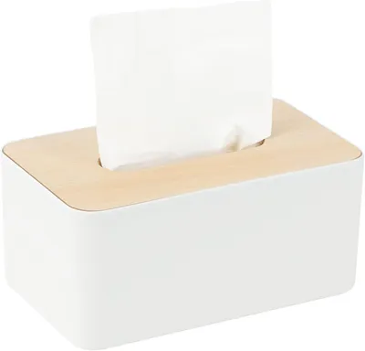 Obrázek produktu pro Dřevěná krabička na kapesníky, 21 x 13 x 9 cm, plastová, obdélníková, do jídelny, kanceláře, auta, koupelny (bílá)