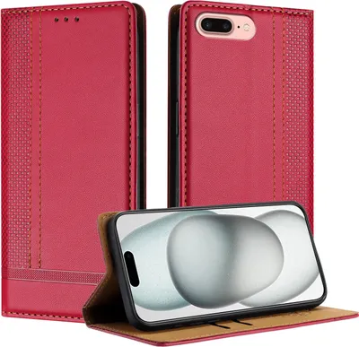 Produktbild von Handyhülle für iPhone 8 Plus/7 Plus/6s Plus/6 Plus Leder Flip Klappbare Schutzhülle mit Standfunktion Rot