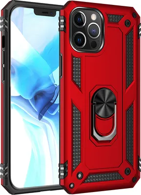 A red iPhone 13 case with a ring holder is shown against a white background.