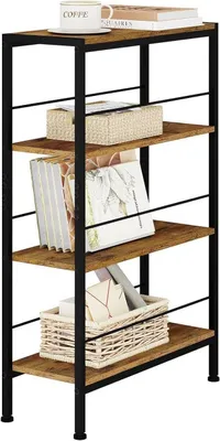 A tall, narrow shelf unit with four shelves, displaying books, a basket, and a mug.
