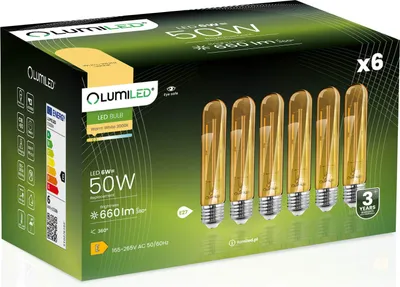 Zdjęcie produktu dla 6x Żarówka LED E27 Tubularna T30 6W = 50W 660lm 2000K Ciepła 360° BURSZTYNOWA FILAMENT LUMILED