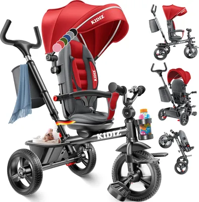 Produktbild von KIDIZ® Dreirad 5in1 Kinderdreirad mit Schubstange Lenksystem Stange ab 1 Jahr vorwärts und Rückwärtsfahrt Jogger ,  Korb Tasche Getränkehalter Sonnendach Gummiräder, Buggy Fahrrad Baby Klappbar