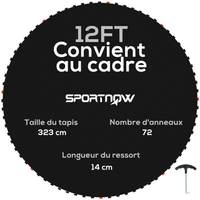Image de SPORTNOW Tapis de rechange pour trampoline tapis de saut de remplacement, compatible trampoline Ø 3,7 m et ressorts de 14 cm, avec outil de traction à ressort et 72 crochets en V (ressort non inclus)