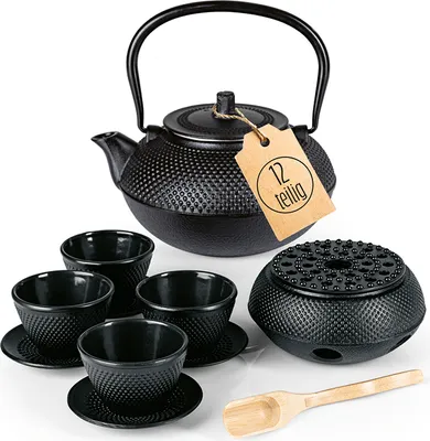 Produktbild von Lumaland Tee Set 8-teilig - 1,4 Liter Gusseiserne Teekanne Tetsubin - Stövchen aus Gusseisen - 2 Teebecher & 2 Untersetzer - Schwarz