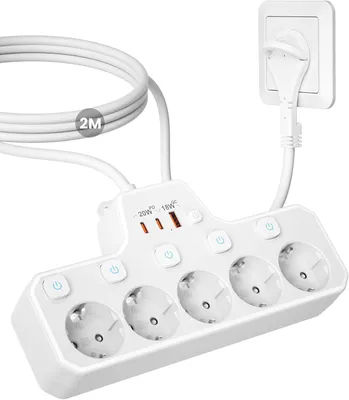 Imagen del producto de Regleta de enchufes con clavijas planas - Divisor de enchufes múltiple de 5 tomas con interruptor