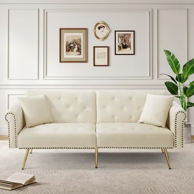 Produktbild von Merax 2-Sitzer Schlafsofa mit Schlaffunktion und Verstellbare Rückenlehne, Samtbezug & goldene Metallfüße – Inkl. Kissen & Stauraum, Weiß