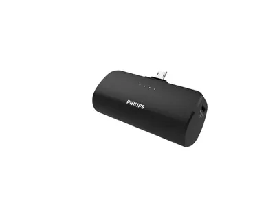 A black Philips power bank with a micro-USB connector is shown against a white background.