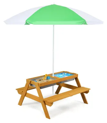 Image de Ensemble de sièges pour enfants en bois de pin, avec parasol, table amovible, 2 coffres de rangement, couleur blanc et vert