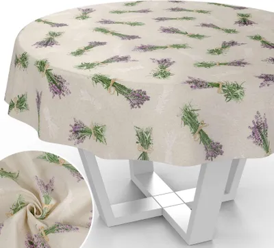 Produktbild von Tischdecke Lavendel mit Blumen Botanik aus Stoff Tischwäsche mit Beschichtung Tischtuch Natur Beige Rund 140cm mit Schnittkante