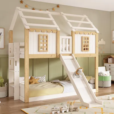 Productafbeelding van Flieks kinderbed, etagebed 90x200 cm met ladder, houten bedhuis met valbeveiliging en glijbaan, hoogslaper speelbed met raam, wit en naturel, hout