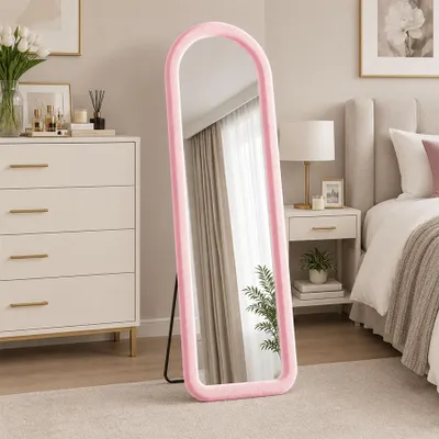 Image de INONEFT Miroir mural incurvé pour le corps entier, 160 x 50 cm, miroir de maquillage moderne avec cadre en velours et support en métal, verre trempé, couleur rose