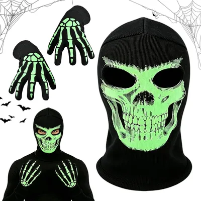 Halloween-Maske mit Handschuhen, fluoreszierend, schwarz, Unisex