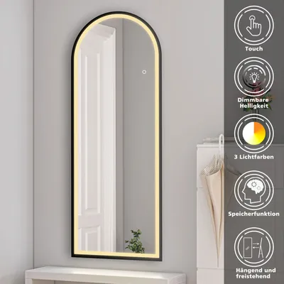 Produktbild von AICA LED Bogen Standspiegel 160x60cm 3 Lichfarbe dimmbar Touch/Wandschalter Hängespiegel 2 in 1 Ganzkörperspiegel mit Schwarz Rahmen Ankleidespiegel Wandspiegel Garderobenspiegel
