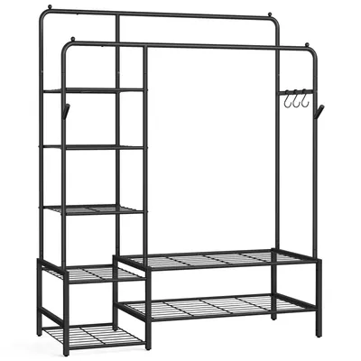 A black metal garment rack with multiple shelves and hanging hooks, shown against a white background.