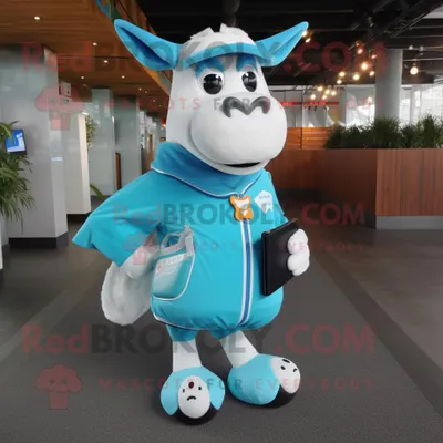 Produktbild von Cyan-Guernsey-Kuh REDBROKOLY Maskottchen kostüm gekleidet mit einem Sweatshirt und Geldbörsen