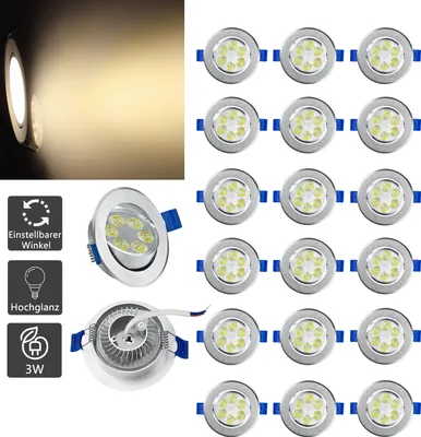 Image de UISEBRT 20 X LED Spot de plafond 3W LED Spot encastrable Blanc chaud Set Spot encastrable Spotlight Aluminium Projecteur de plafond Pour salle de bain cuisine