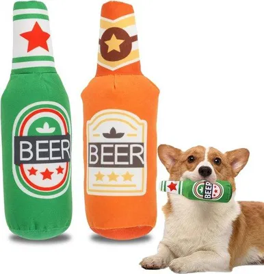 Productafbeelding van Pluche hondenspeelgoed in de vorm van een bierfles – Knuffel en kauwspeelgoed – Set van 2