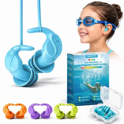 Image de Bouchons d'oreille pour enfants, pour la natation, 4 paires, étanches, en silicone, avec cordon, couleurs bleu, violet, orange et vert, pour les enfants de 5 à 14 ans